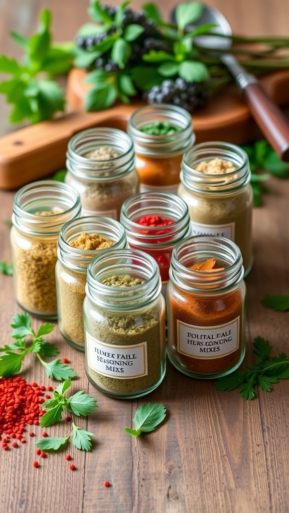 Homemade Seasoning Mixes Gift Set Homemade seasoning mixes in jars on a wooden table, labeled and ready for gifting.